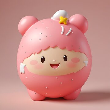 round pink toy mascot with flower detail on soft studio backdrop