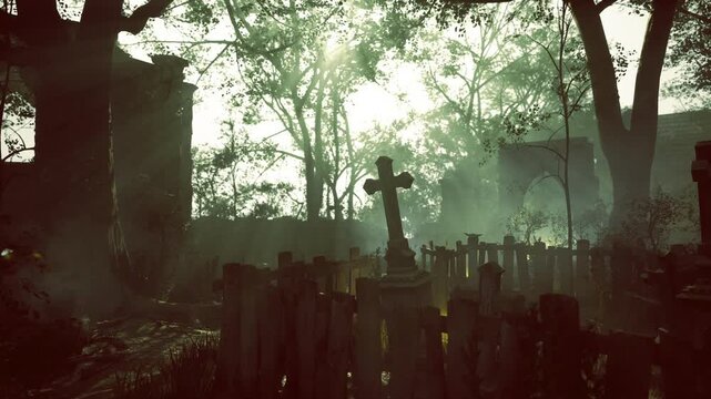 Leaning stone cross in cemetery at misty light, clusters of aged tombs, damp moss and cracked engravings visible, subtle sunbeams filtering through dense