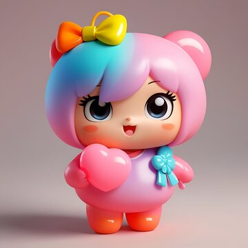 pastel cute toy mascot with rainbow hair heart balloon on pink backdrop