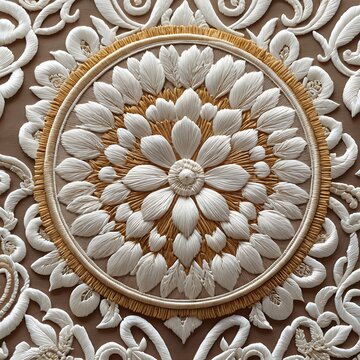 ornate white floral relief medallion with gold rim architectural texture