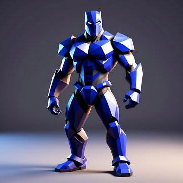 blue low poly armored robot standing in futuristic studio scene