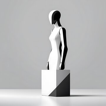 white abstract mannequin sculpture on pedestal in minimal gray studio