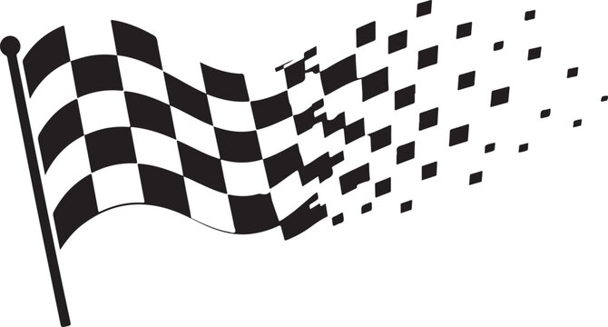 Black and white checkered racing flag with a digital pixelated motion effect for speed and finish line concepts in motor sports and competition design