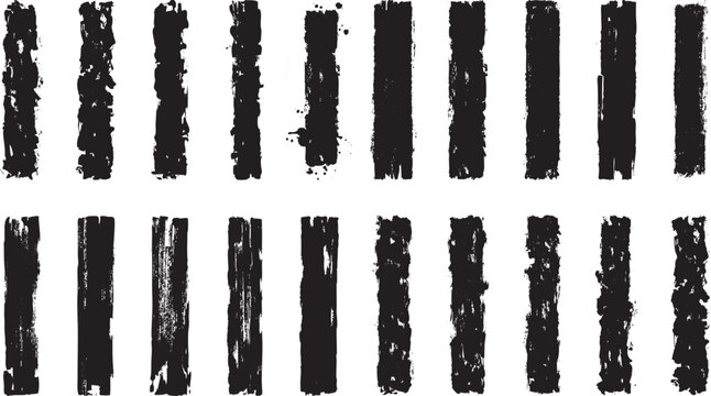 Set of distressed vertical grunge brush stroke borders on transparent background, abstract textured design elements.