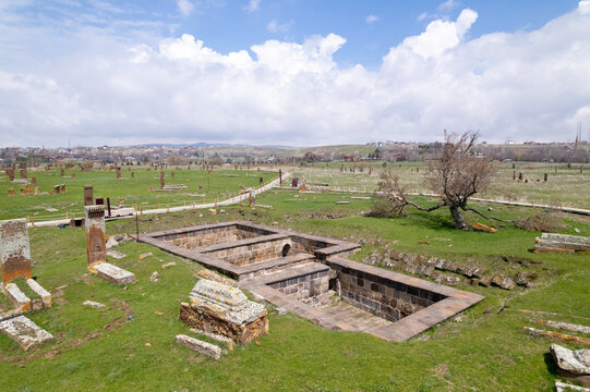 Historic Seljuk gravestones in Ahlat Cemetery, Bitlis, T&uuml;rkiye, reflecting medieval Anatolian stone craftsmanship, Islamic heritage and centuries of cultural history.
