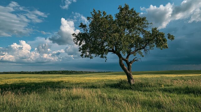 Single big green tree stands alone in wide green grass field under dramatic blue sky with fluffy white clouds, peaceful natural rural landscape with changing weather on horizon.
