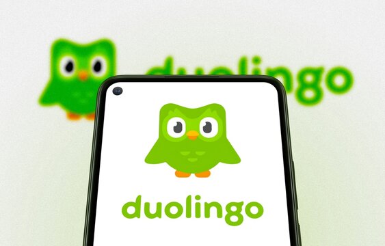 Chittagong, Bangladesh- 17 May 2026: Duolingo logo is displayed on smartphone. Duolingo is educational tech company which produces learning apps and provides language certification