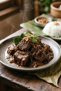 Dark beef stew served with rice and herbs on banana leaf .generative AI