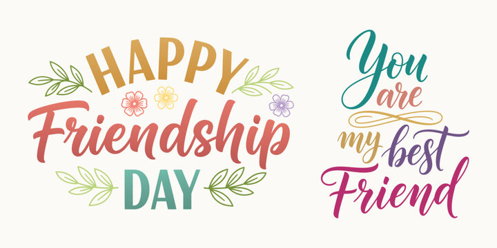 Happy friendship day lettering with floral elements and calligraphy style text on a white background