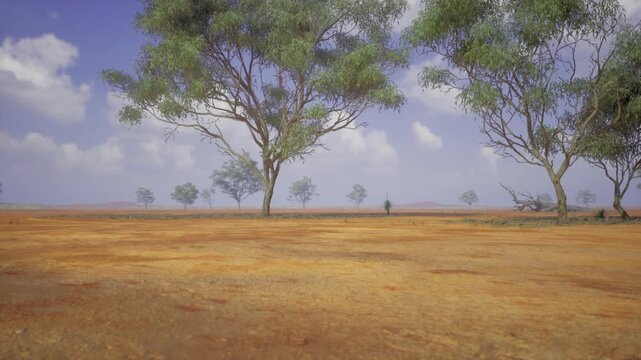 Heat haze over expansive dry grassland shimmering air, softened tree silhouettes, distant hills, parched soil, low contrast palette, breathless and expansive