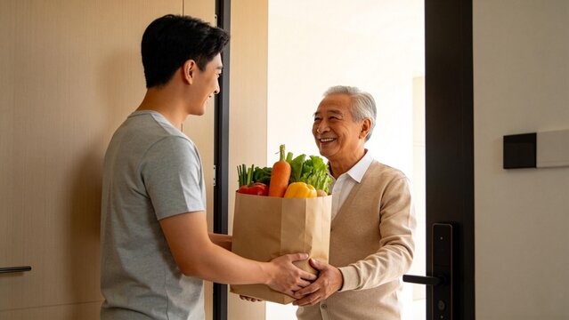 Man delivering groceries to elderly man