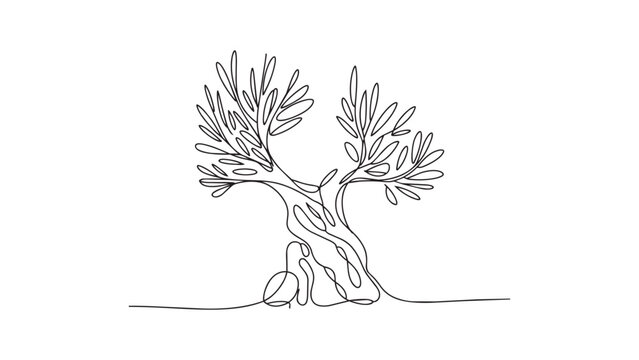Single continuous line drawing of an olive tree with unique twisted trunk and branches.