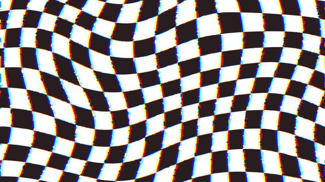 Dynamic Warped Black and White Checkered Grid Pattern Background with Retro Glitch Effect