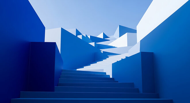 Abstract Blue Architectural Shapes Forming Geometric Staircase Modern Minimalist Interior Design with Sharp Angles Shadow and Light Contemporary Visual Art Perspective Conceptual Construction