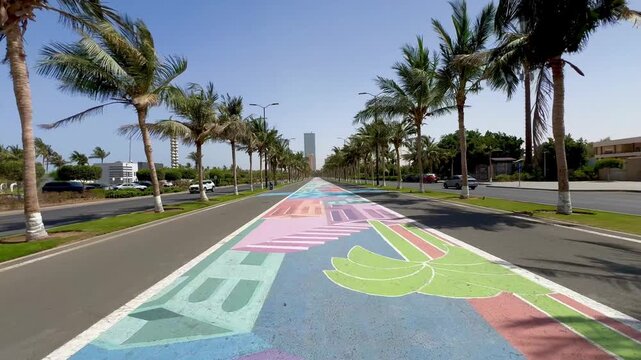 Low angle forward tracking shot of a colorful painted pedestrian walkway lined with palm trees under a blue sky, Jeddah, Saudi Arabia