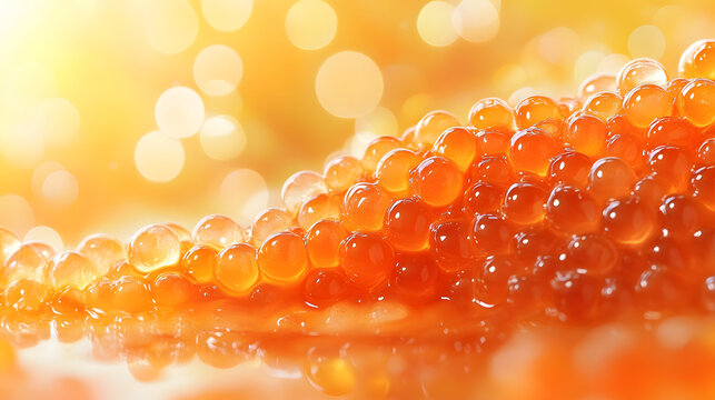 A rich detailed macro shot of vibrant red salmon caviar roe texture backdrop food background sparkles