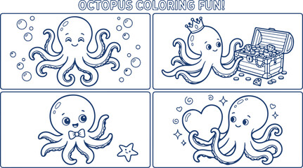 Cute octopus collection for coloring fun with treasure chest and crown. © Sadhin