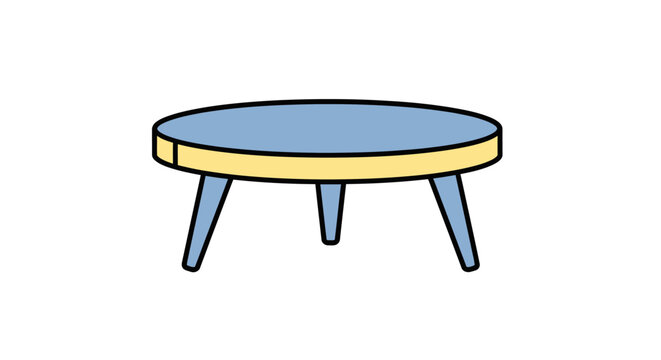 A blue and yellow three legged table.
