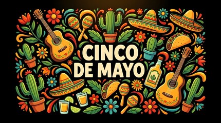 Obraz premium Cinco de mayo celebration illustration with traditional mexican elements guitars cacti and festive decorations
