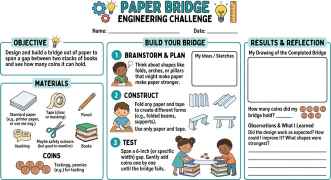 Bridge building engineering worksheet for kids