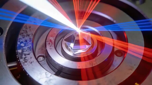 Refracting faceted prism receiving white laser beam on metal mount, creating red and blue fan lobes