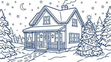 Festive decorated house with Christmas tree and lights under a starry night sky. © Sadhin