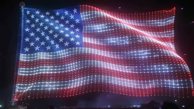 Animating American flag grid rippling at stadium stage, syncing with programmed lighting routine