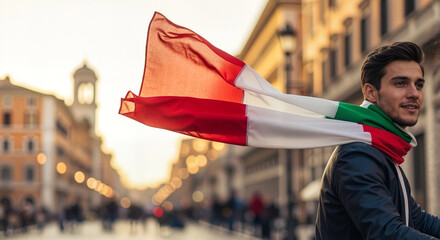 Man waving Italian flag with pride in historic European city at sunset for advertising social media banner website marketing and commercial editorial use