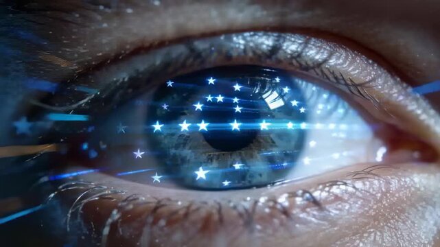 Showing single human eye holding steady in studio close-up, animated stars starting to cross cornea