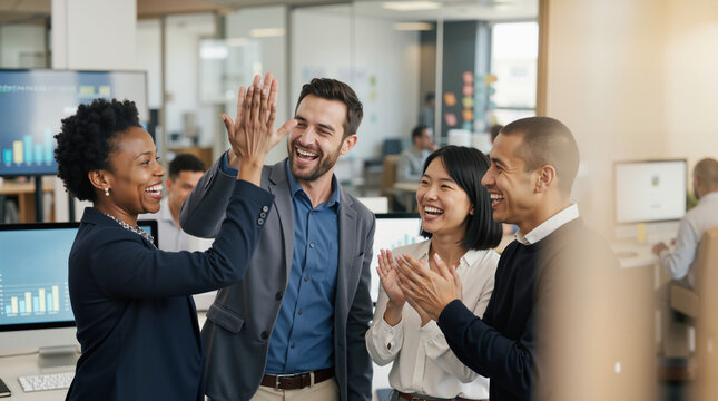 Diverse business team celebrating success with a high five in a modern office. Professional colleagues collaborating on a project