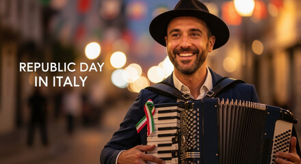 Man playing accordion celebrating Republic Day in Italy at night for advertising social media banner website marketing and commercial editorial use