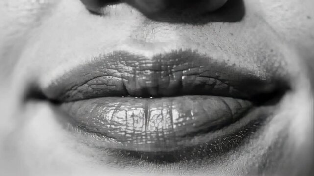 Recording female mouth performing subtle closing motion in studio close-up, with lip gloss