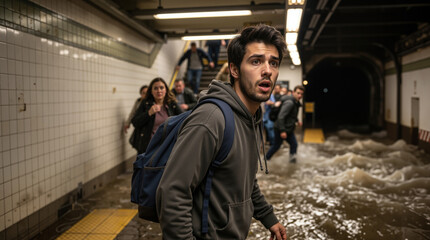 Fototapeta premium Shocked man in a flooded subway station. Urban flood disaster in a metro station with rushing water. Emergency situation and climate change impact in public transport