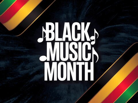 Black music month celebration graphic with musical notes and vibrant panafrican flag colors on a dark textured background