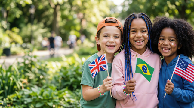 Three diverse children holding national flags in a park. Happy multicultural kids with UK Brazil and USA flags. International friendship and global unity concept. Copy space on the left