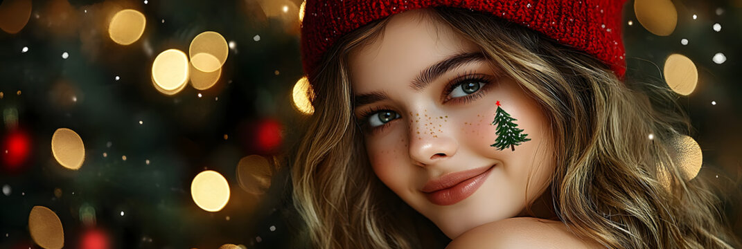 A close up portrait of a beautiful young woman wearing a festive red winter hat smiling cheerfully with makeup look