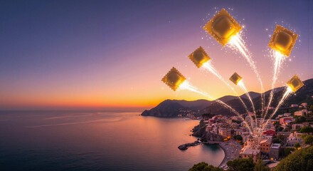 Fireworks display over calm ocean at golden hour, Italian Republic Day celebration for advertising social media banner website marketing and commercial editorial use