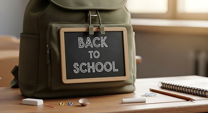 Green backpack with back to school chalkboard and school supplies on wooden desk