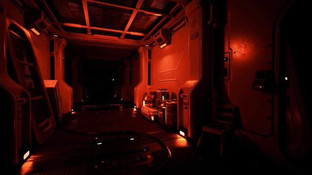 Red corridor interior with maintenance bay, reflective wet floor, low overhead grilles, stacked crates, wallmounted consoles, warm red emergency lighting,