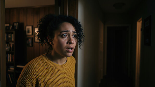 Shocked woman witnessing a robbery at home. Scared young female with curly hair looking in fear. Terrified person in dark house. Home invasion and crime witness concept