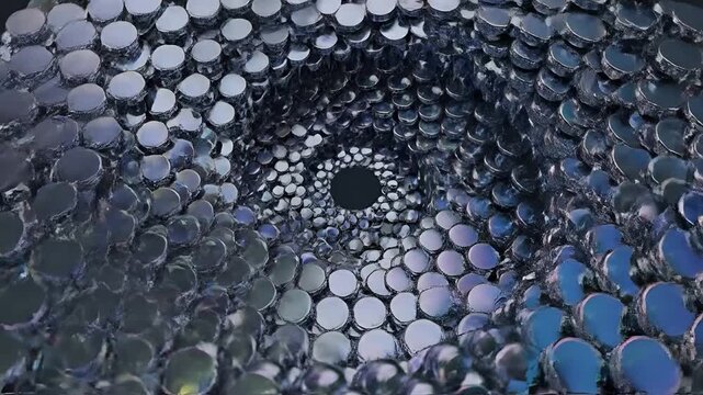 Abstract Swirling Vortex of Metallic Discs Creates Mesmerizing Tunnel Effect.