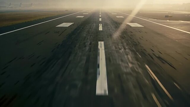 Moving camera capturing runway centerline and touchdown bars during takeoff roll, showing sun flare