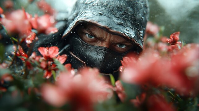 A stealthy figure shrouded in a dark hood scans the environment amid vibrant flowers, creating a striking contrast between action and tranquility in nature.