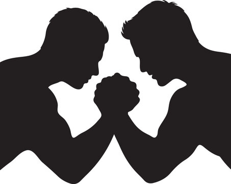 Two Men Arm Wrestling Silhouette on White Background