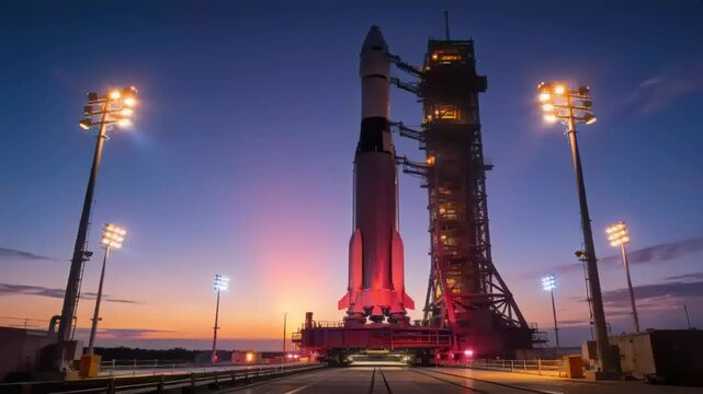 Showing orbital rocket on platform gantry, twilight arriving, lights shifting to purple for launch