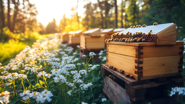 A sunny outdoor scenery of traditional wooden bee hives standing in a blooming meadow field with flowers