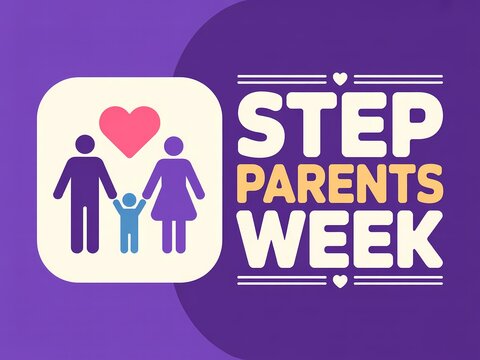 Step parents week celebration banner with stylized family icon and heart symbol on purple background