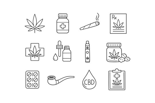 Collection of medical cannabis icons and symbols for healthcare and wellness