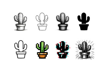 Fototapeta premium Collection of diverse cactus illustrations in pots, showcasing various artistic styles