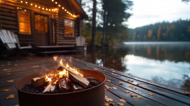 A cozy campfire surrounded by colorful autumn leaves beside a tranquil lake on a calm evening, encapsulating peace and connection with nature.